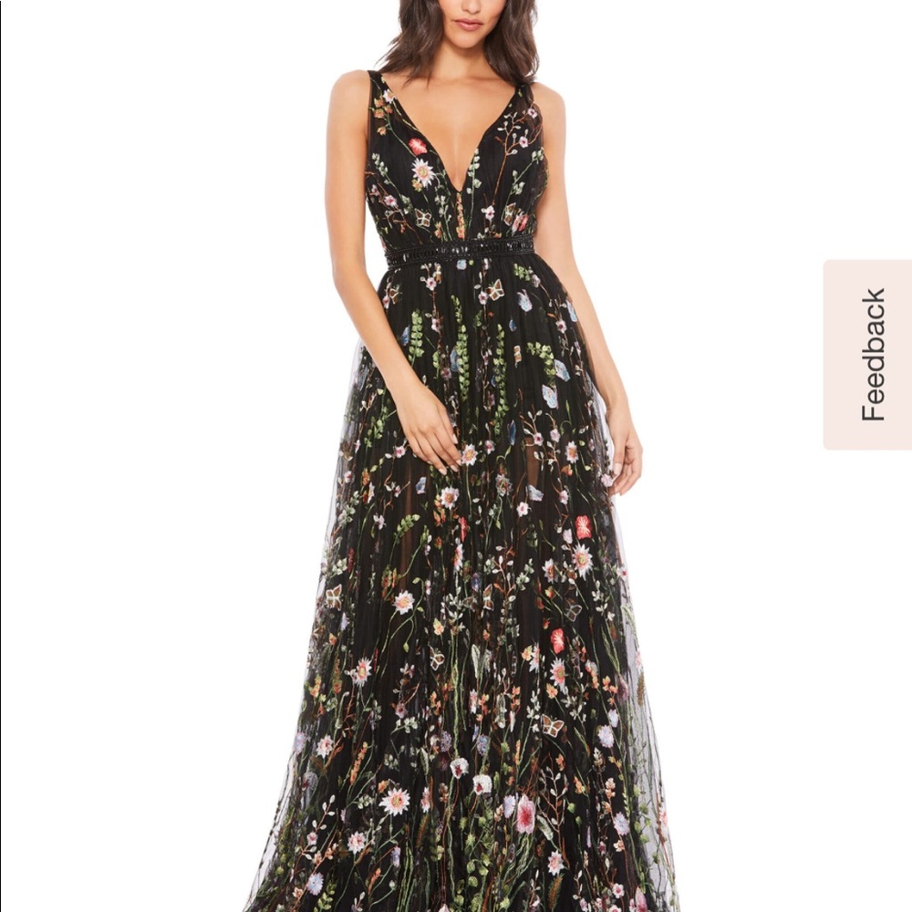 Mac Duggal black floral floor length gown with built in romper